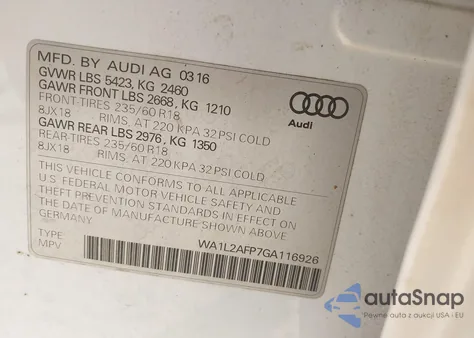 2016 Audi Q5 2.0T Premium z USA, uszkodzony, nr VIN WA1L2AFP7GA116926